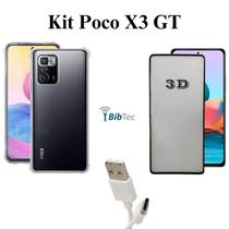 Kit Película 3D de Vidro + Capinha Transparente + Cabo Carregador Tipo C para Xiaomi Poco X3 GT