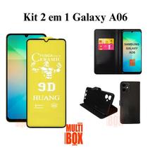 Kit Película Fosca de Cerâmica + Capa Carteira Flip Preta para Samsung Galaxy A06