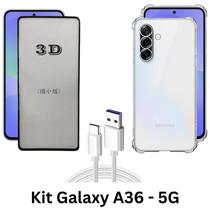 Kit Película Frontal 3D de Vidro + Capinha Anti Choque TPU + Cabo Tipo C para Samsung Galaxy A36 5g