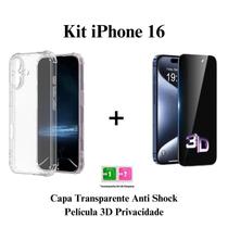 Kit Película Privativa 3D de Vidro + Capa Anti Impacto Transparente para Iphone 16 / 16 Pro / 16 Plus / 16 Pro Max