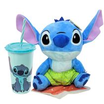 Kit Pelúcia 20cm e Copo Divertido Stitch Disney com Tampa e Canudo 500ml