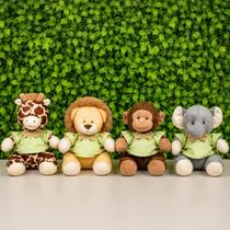 Kit Pelúcia Safari Bebê 4 Peças 15cm Leão Elefante Macaco Girafa Decoração Infantil Quarto Bebê