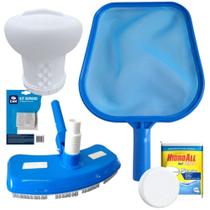 Kit Peneira + Aspirador + Clorador Flutuante Grande + Pastilha de Cloro 5 em 1 + Reparo Netuno