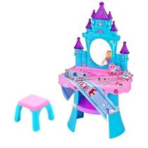 Kit Penteadeira Musical Com Banquinho Castelo Princesa Brinquedo Infantil Faz De Conta Criança Menina Interativo Camarim Joias Coroa Mastro