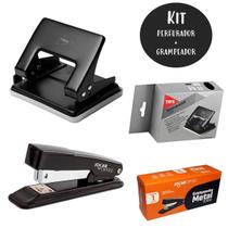Kit Perfurador 2 Furos + Grampeador Papel 25fls Ideal para Escritórios Escolas Lojas Arquivo Organização Folhas