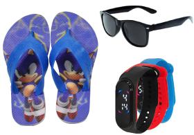 Kit Personagem Infantil Sonic/Aranha/Futebol/Gamer/Foguete/Carros + Chinelo + Óculos + Relógio Novo - ARS