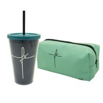 Kit Personalizado Copo C/ Canudo 500ml e Necessaire Frase Fé