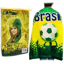 Kit Peruca Moicano Capa Do Brasil Copa Do Mundo Torcedor Comemoração Vitória