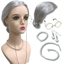Kit peruca vovozinha idosa coque amarrada grisalha cinza