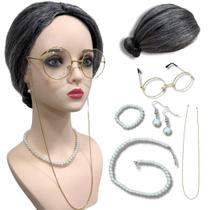 Kit peruca vovozinha idosa coque óculos colar pulseira