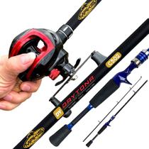 Kit Pesca 10kg Carretilha 19 Rol Anti Cabeleira + Vara de Carbono
