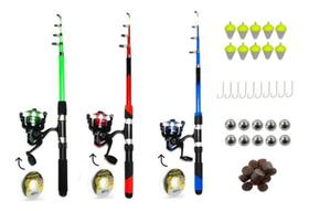 Kit Pesca 3 Vara 3 Molinetes + Linha + Boia + Anzol + Isca