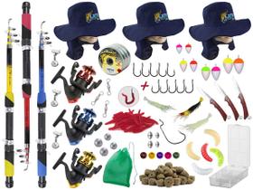 Kit Pesca 3 Varas Telescópicas 1,70m + 3 Molinetes + Estojo c/ Acessórios (Ref. 91)
