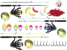 Kit Pesca c/ 3 Varas Para Molinete 1,50m + 3 Molinetes + Iscas (Ref. 99)