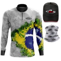 Kit Pesca Camisa Brasil Com Proteção Uv 50 Boné e Bandana