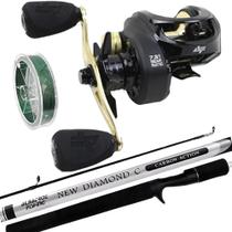 Kit Pesca Carretilha V73 Black Com Vara Diamond 1,68mts e Linha Multifilamento