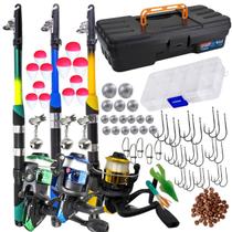 Kit Pesca Completo 3 Varas 3 Molinetes com Linha Maleta mais Estojo com Acessórios