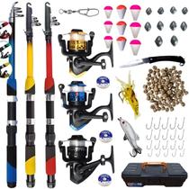 Kit Pesca Completo 3 Varas Telescópica + 3 Molinetes + Iscas