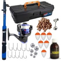 Kit Pesca Completo Com Maleta Vara Molinete Anzol Boia Chumbada Guizo Isca Furadinha e Feromonio
