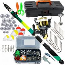 Kit pesca completo vara molinete 1 estojo 1 maleta mais anzois chumbadas boinhas iscas snap sino
