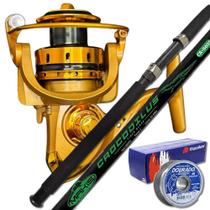 Kit Pesca Molinete MR7000 6 Rol Vara Taue 40lb linha