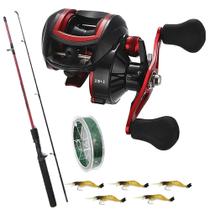 Kit Pescaria Carretilha 19 Rolamentos com Vara 1,80mts Linha Multi e 5 Iscas Artificial - makis fishing