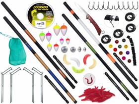 Kit Pescaria Com 4 Varas Telescópicas 40% Carbono 2,70m + Suporte p/ Varas + Acessórios (Ref. 129)
