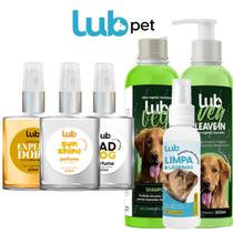 Kit Pet Cãos e Gatos Shampoo Vegano 300ml + Leave In Vegano 300ml + 3 Perfumes 60ml Lub Pet + Limpa Lagrimas