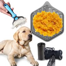 Kit Pet Dog Rasqueadeira Comedouro Lento e Suporte de Saquinhos