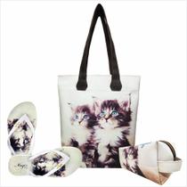 Kit Pet Feminino Gatinhos Olhos Azuis com Bolsa, Necessaire e Chinelo, Magicc