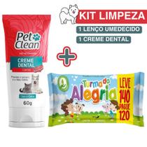 Kit Pet Limpo com 1 Lenço Umedecido Turma da Alegria + 1 Creme Dental Pet Clean Sabor Carne 60g