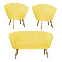 Kit Pétala Namoradeira e 2 Poltronas Decorativa Pés Palito Suede Amarelo - DL Decor