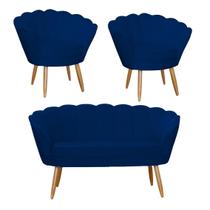 Kit Pétala Namoradeira e 2 Poltronas Decorativa Pés Palito Suede Azul Marinho - DL Decor