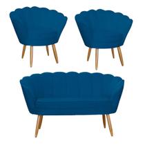 Kit Pétala Namoradeira e 2 Poltronas Decorativa Pés Palito Suede Azul Royal - LM DECOR