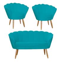 Kit Pétala Namoradeira e 2 Poltronas Decorativa Pés Palito Suede Azul Turquesa - DL Decor