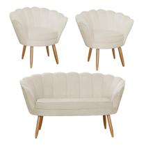 Kit Pétala Namoradeira e 2 Poltronas Decorativa Pés Palito Suede Bege - LM DECOR Kit Pétala Namoradeira e 2 Poltronas Decorativa Pés Palito Suede Bege - LM DECOR