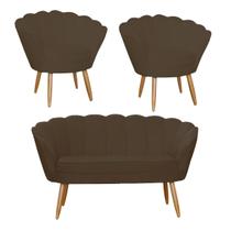 Kit Pétala Namoradeira e 2 Poltronas Decorativa Pés Palito Suede Marrom - DL Decor