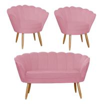 Kit Pétala Namoradeira e 2 Poltronas Decorativa Pés Palito Suede Rosa Barbie - LM DECOR