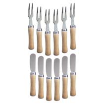 Kit Petisco Espátula + Garfo 6 Pcs Aperitivo Faquinha Garfinho Aço Inox Madeira