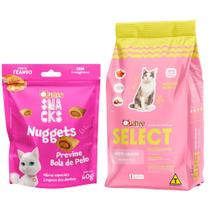 Kit Petisco Quatree Snacks Nuggets para Gatos Bola de Pelo 60g e Ração para Gato Quatree Select Adulto Sabor Salmão e Arroz 3Kg