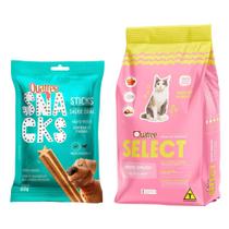 Kit Petisco Quatree Snacks Sticks Sabor Menta para Cães Raças Pequenas 60g e Ração para Gato Quatree Select Adulto Sabor Salmão e Arroz 3Kg