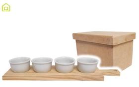 Kit Petisqueira + 4 Potes Redondo Molheira Porcelana Branca + Grátis Caixa MDF