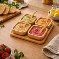 Kit Petisqueira Bambu MDF Com 1 Bandeja, 4 Divisórias E 4 Colheres Para Molhos Petiscos E Geleias