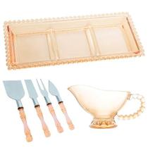 Kit Petisqueira com Molheira e Espátulas Para Queijos 10 Peças Cristal / Aço Inox Para Servir