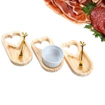 Kit Petisqueira de Madeira com Garfinhos e Ramequim Porcelana