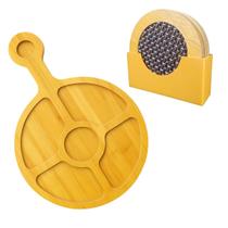 Kit Petisqueira Madeira Tabua de Frios 34cm 6 Porta Copos Bolacha Redondo