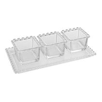 Kit Petisqueira Travessa com 3 Mini Bowls Borda de Coração Cristal Transparente Lyor