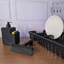 KIT PIA 3 PÇS Escorredor de Louças Preto Porta Detergente e Esponja Rattan Preto Rodinho de Pia CASA ELEGANTE