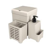 Kit Pia 3 Peças Lixeira Dispenser Porta Talher Cozinha - Stolf Areia