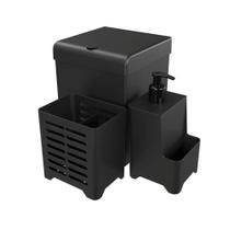 Kit Pia 3 Peças Lixeira Dispenser Porta Talher Cozinha - Stolf Preto Kit Pia 3 Peças Lixeira Dispenser Porta Talher Cozinha - Stolf Preto